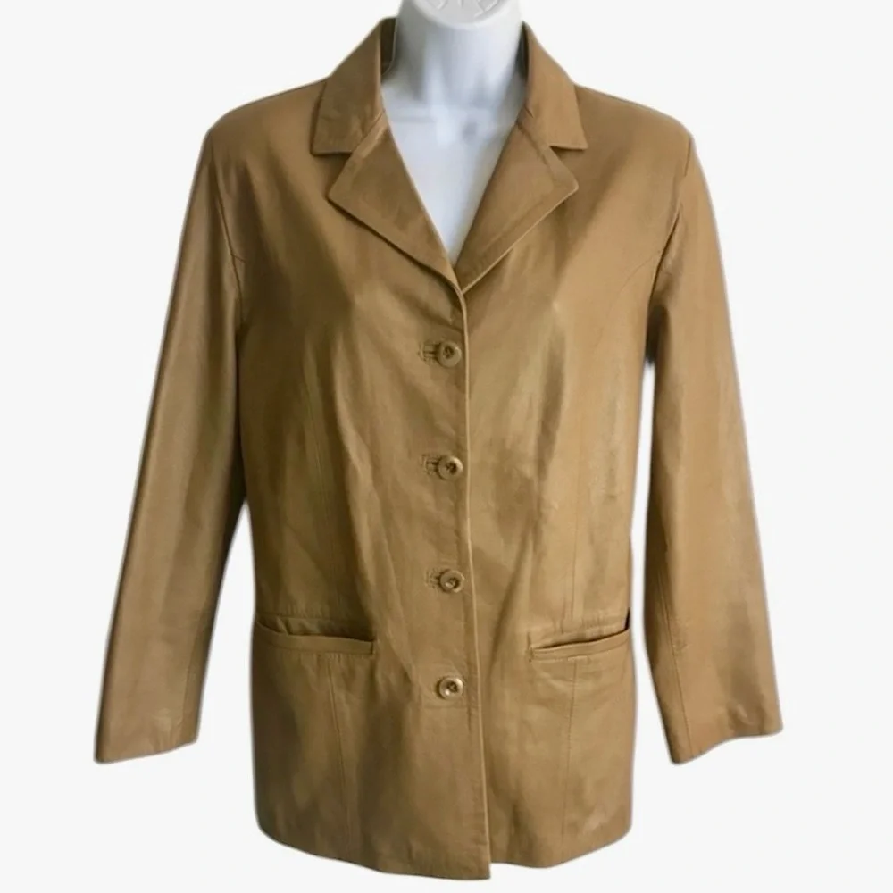 Vtg Women’s 44 10-12 Made in Italy Vera Pelle Tan Leather 4-Button Jacket in EUC - Picture 1 of 16